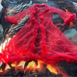 Red Sheer Feather Trim Robe
